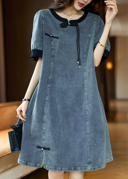 Loose Black O Neck Button Patchwork Denim Dress Summer AH349