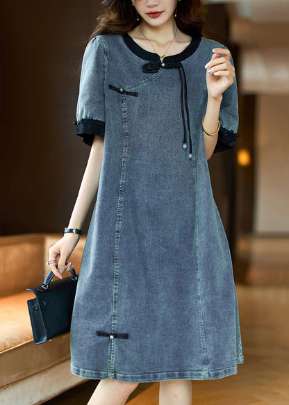 Loose Black O Neck Button Patchwork Denim Dress Summer AH349