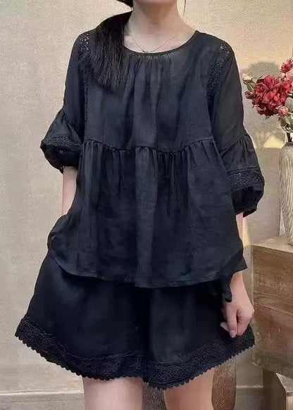 Loose Black O Neck Pockets Solid Cotton Two Piece Set Half Sleeve RE001