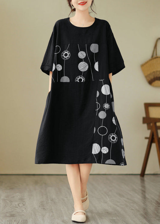Loose Black O-Neck Print Holiday Long Dress Short Sleeve GH1007