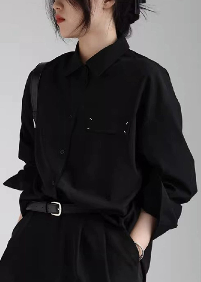 Chemise ample noire en coton patchwork à manches longues et col Peter Pan TU013