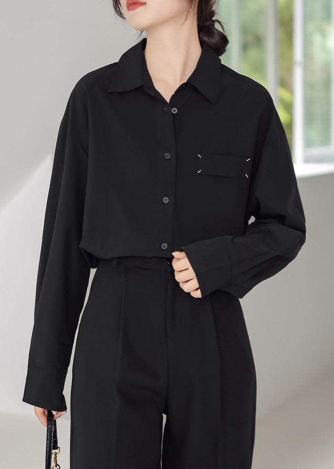 Chemise ample noire en coton patchwork à manches longues et col Peter Pan TU013