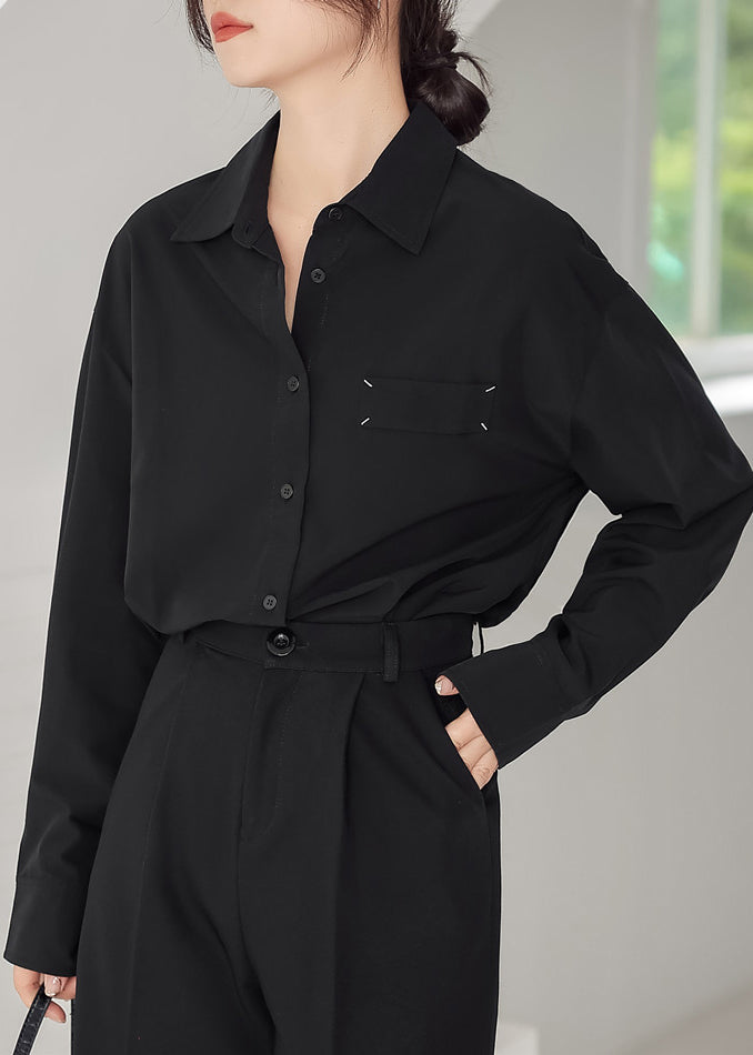 Chemise ample noire en coton patchwork à manches longues et col Peter Pan TU013