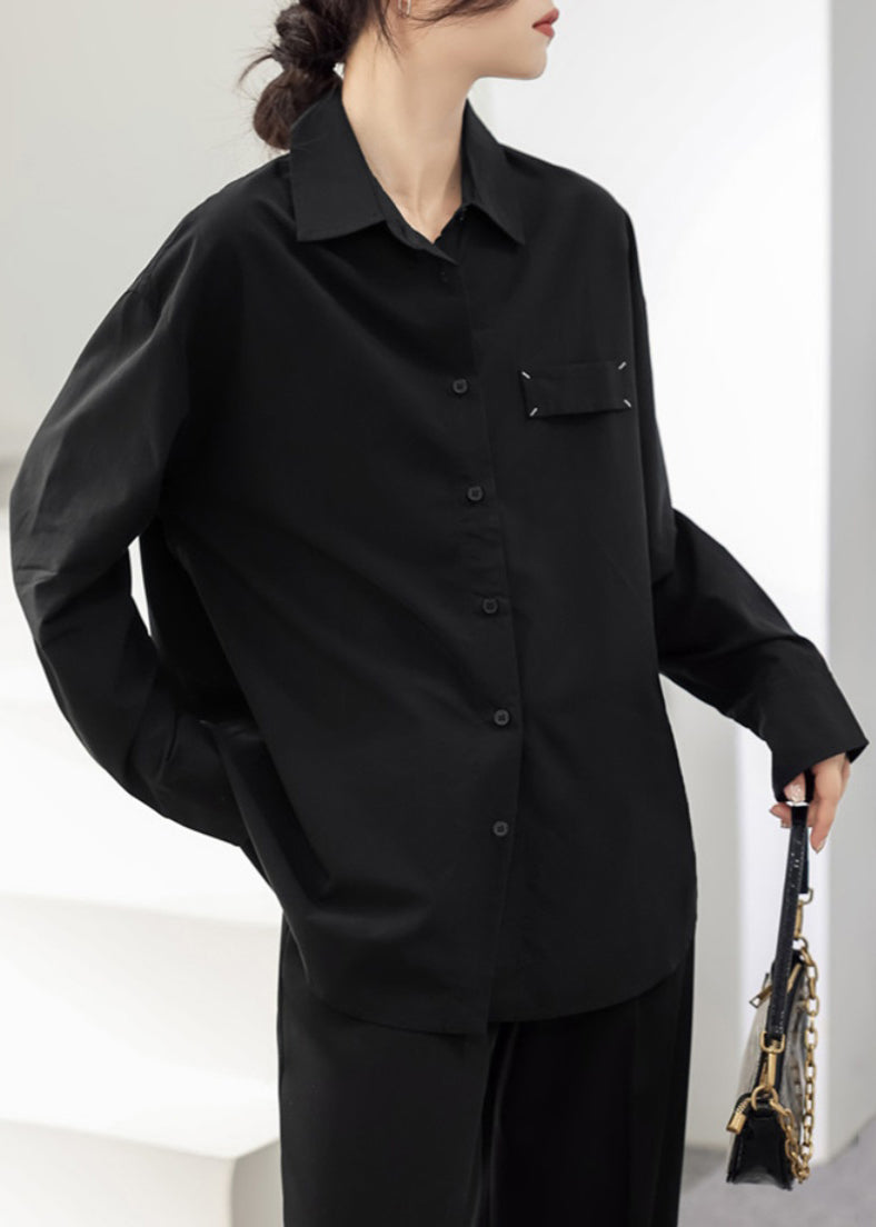 Chemise ample noire en coton patchwork à manches longues et col Peter Pan TU013