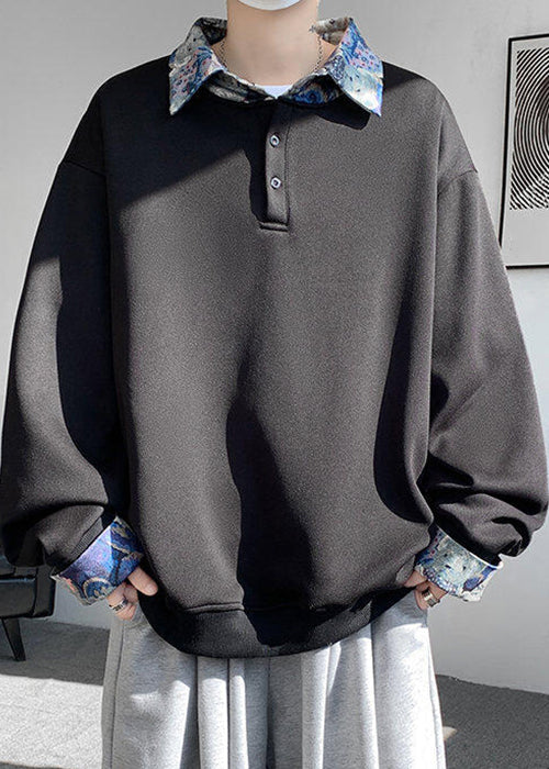 Pan Mens Cotton Collar Black Patchwork Sweatshirts Peter Loose