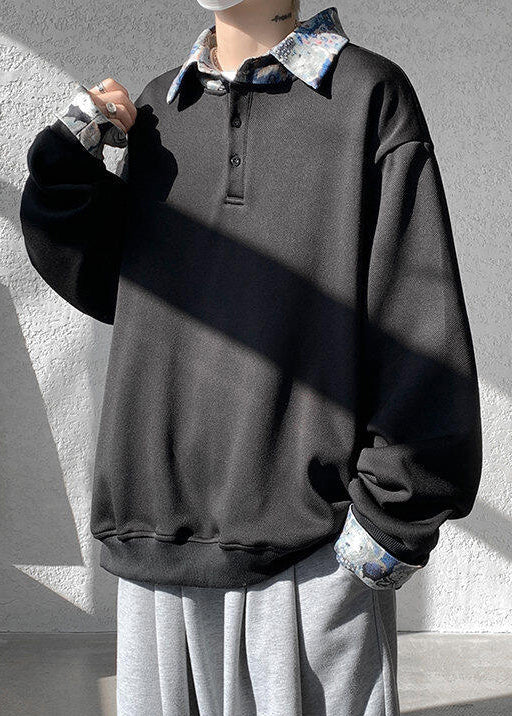 Pan Mens Cotton Collar Black Patchwork Sweatshirts Peter Loose