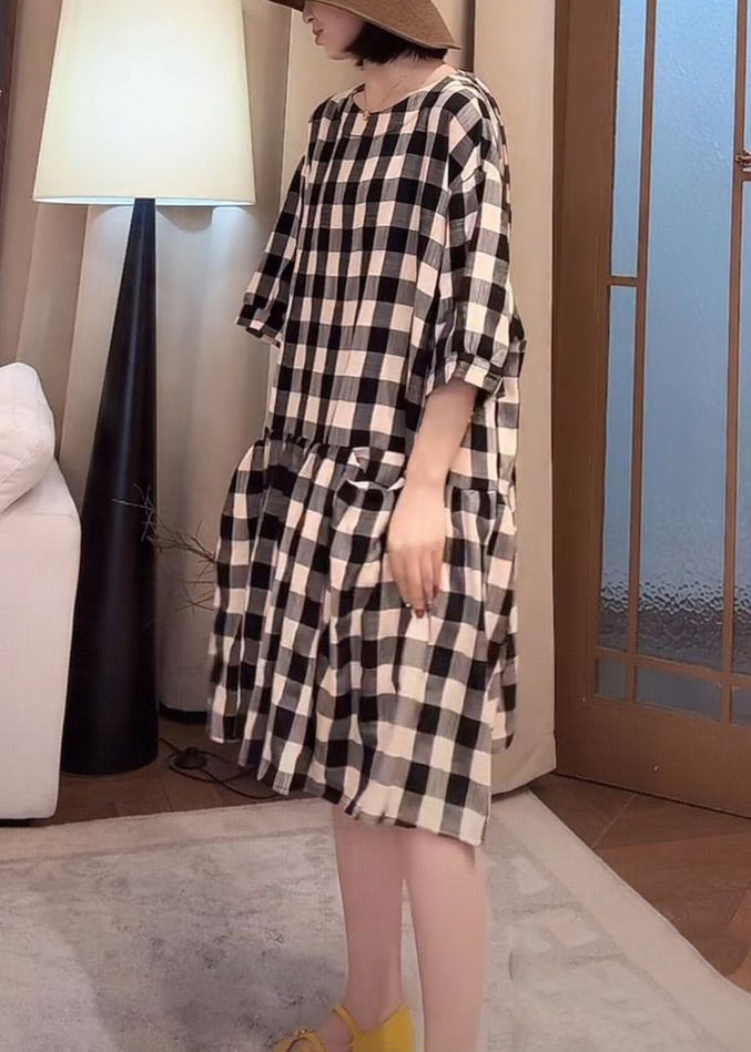 Cotton Loose Sleeve Half Dress Pockets Plaid Black
