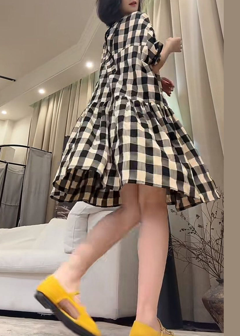 Cotton Loose Sleeve Half Dress Pockets Plaid Black