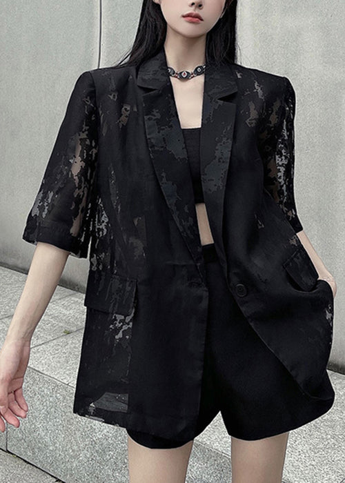 Summer Back Thin Open Pockets Side Cotton Black Coat Loose