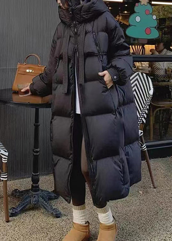 Lose Schwarze Taschen Patchwork Reißverschluss Kapuze Maxi Parka Winter RD012