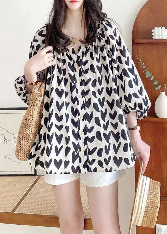 Loose Sleeve Shirts Button Black Bracelet Cotton Print