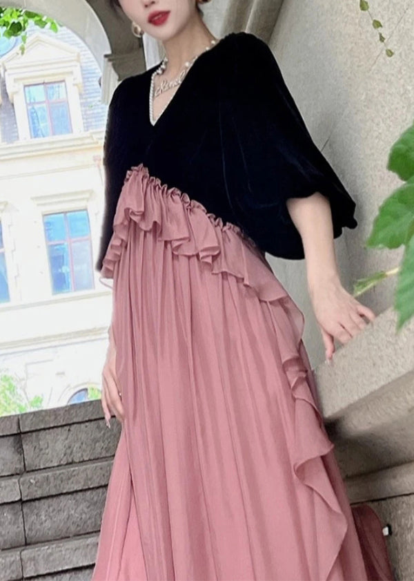 Loose Black Ruffled Patchwork Silk Velvet Dresses Puff Sleeve Ada Fashion