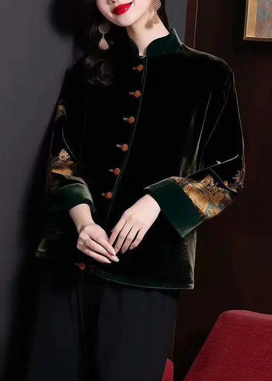 Loose Black Stand Collar Button Patchwork Silk Velour Coats Fall Ada Fashion