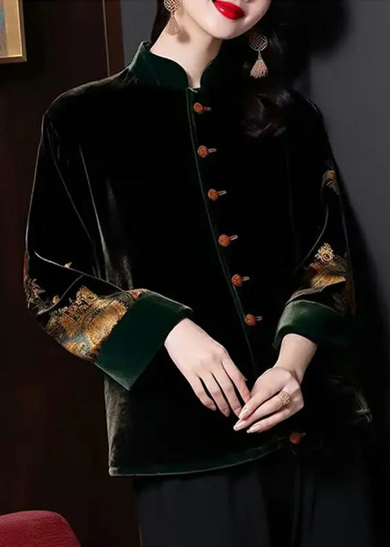 Loose Black Stand Collar Button Patchwork Silk Velour Coats Fall Ada Fashion