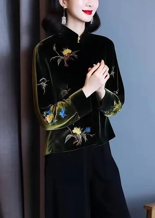 Loose Black Stand Collar Embroidered Patchwork Silk Velour Top Long Sleeve Ada Fashion