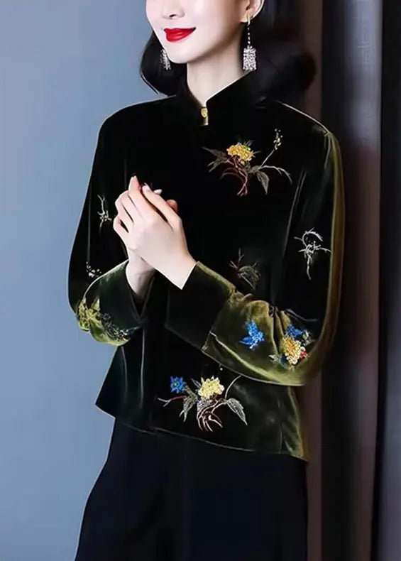 Loose Black Stand Collar Embroidered Patchwork Silk Velour Top Long Sleeve Ada Fashion