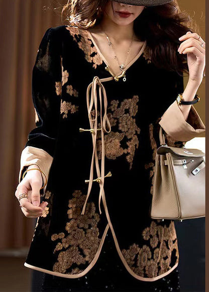 Loose Black V Neck Lace Up Print Silk Velour Shirt Spring Ada Fashion