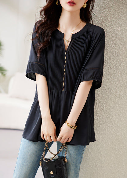 Loose Black V Neck Wrinkled Chiffon Tops Half Sleeve AB1045