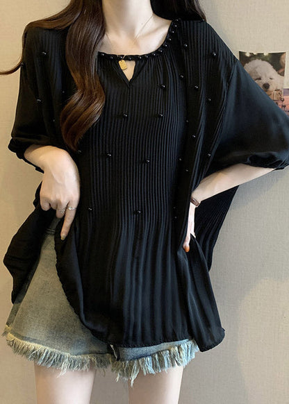 Loose Black Wrinkled Nail Bead Chiffon Shirts Half Sleeve RE035