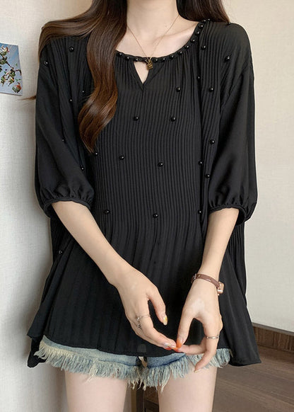 Loose Black Wrinkled Nail Bead Chiffon Shirts Half Sleeve RE035