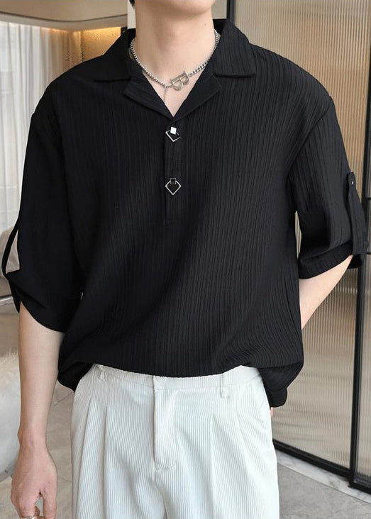 Chemise homme en coton uni froissé à manches mi-longues et polo ample noir