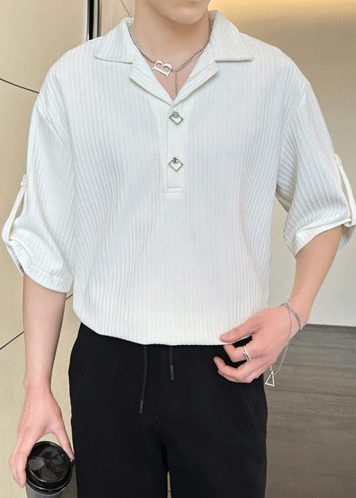 Chemise homme en coton uni froissé à manches mi-longues et polo ample noir