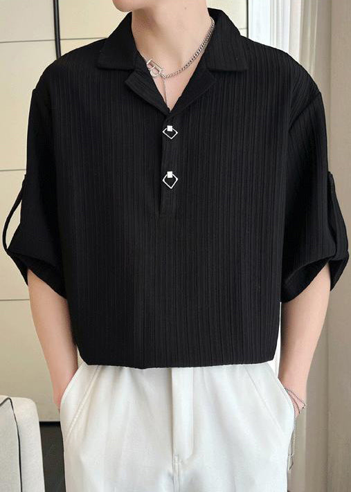 Chemise homme en coton uni froissé à manches mi-longues et polo ample noir