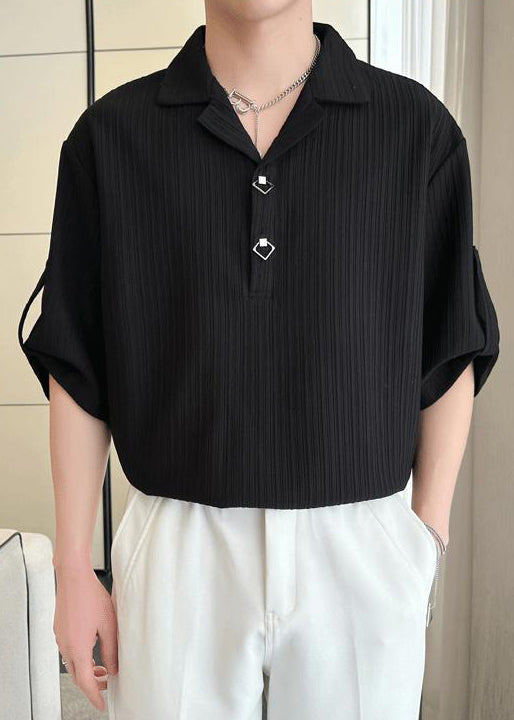 Chemise homme en coton uni froissé à manches mi-longues et polo ample noir