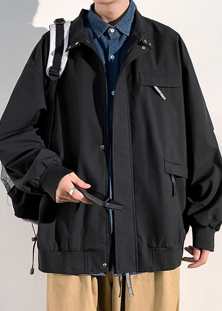 Coats Solid Zippered Mens Cotton Spring Black Pockets Loose