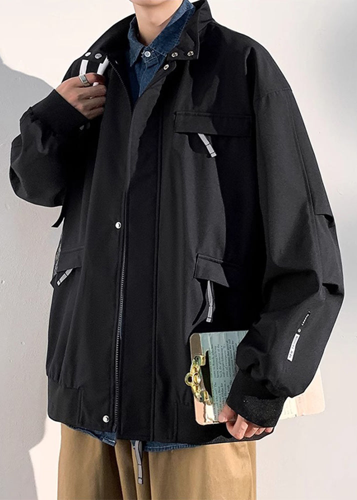 Coats Solid Zippered Mens Cotton Spring Black Pockets Loose