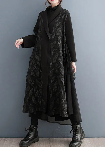 Loose Black Zippered Print Tulle Patchwork Long Trench Coat Fall Ada Fashion