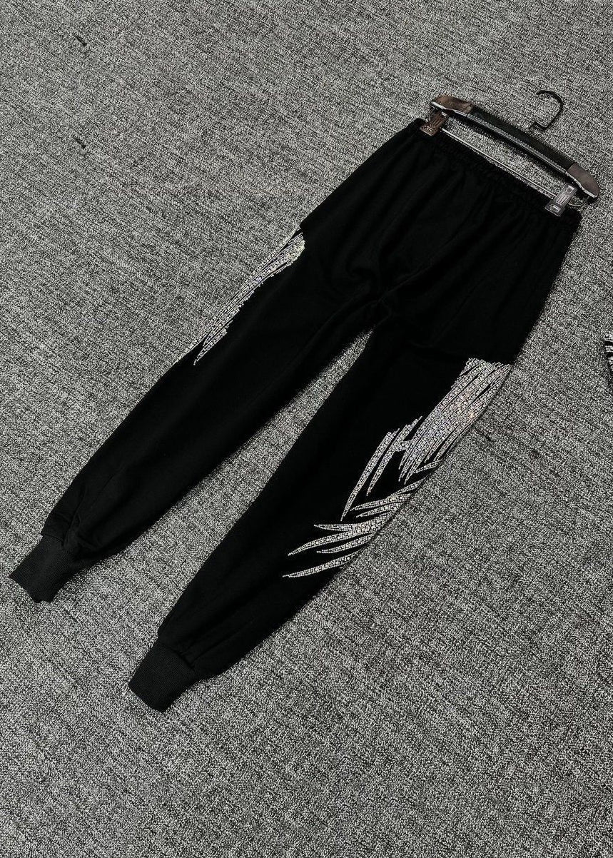 Loose Black Zircon Elastic Waist Cotton Crop Pants Fall RK032