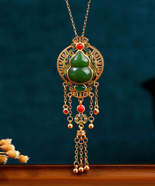 Loose Blackish Green Ancient Gold Jade Agate Tassel Pendant Necklace KX1068