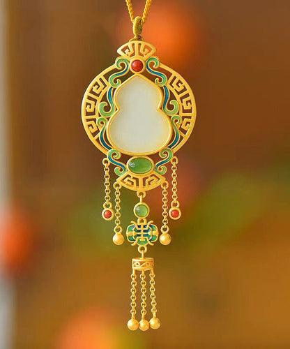 Loose Blackish Green Ancient Gold Jade Agate Tassel Pendant Necklace KX1068