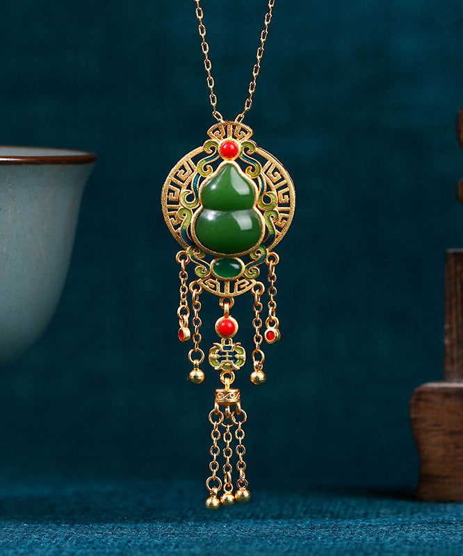 Loose Blackish Green Ancient Gold Jade Agate Tassel Pendant Necklace KX1068
