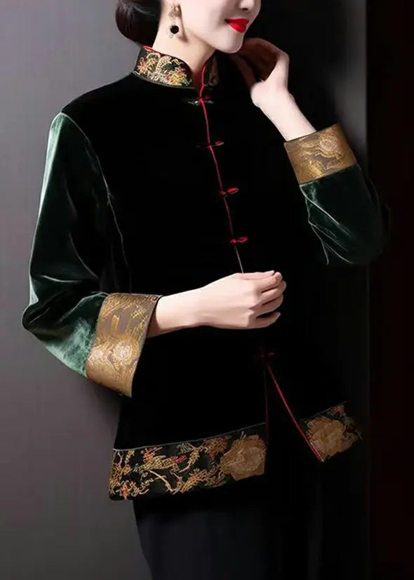 Loose Blackish Green Embroidered Button Silk Coats Long Sleeve Ada Fashion