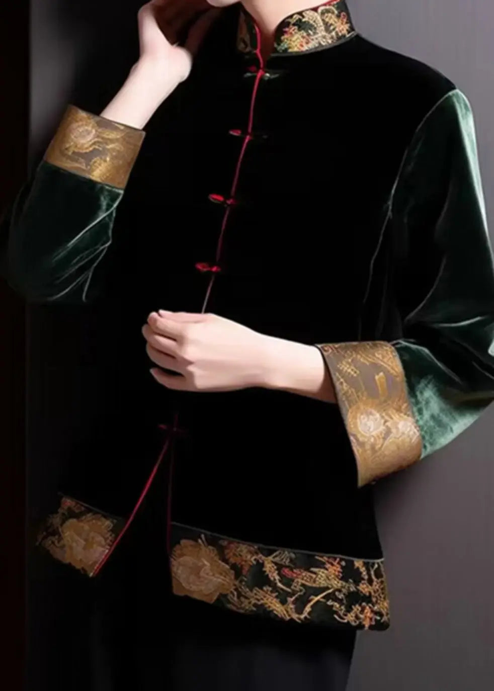 Loose Blackish Green Embroidered Button Silk Coats Long Sleeve Ada Fashion