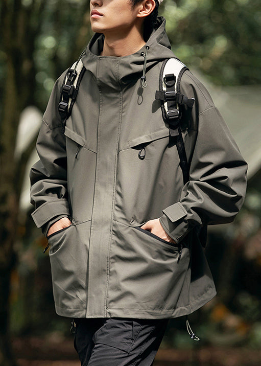 Manteaux amples à poches zippées et à capuche pour homme en coton vert noirâtre