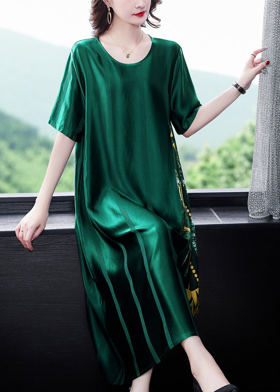 Robe longue ample en soie imprimée à col rond vert noirâtre pour l'été OP1049