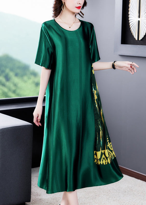 Robe longue ample en soie imprimée à col rond vert noirâtre pour l'été OP1049