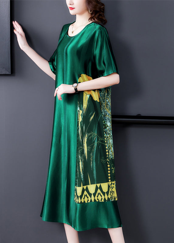 Robe longue ample en soie imprimée à col rond vert noirâtre pour l'été OP1049