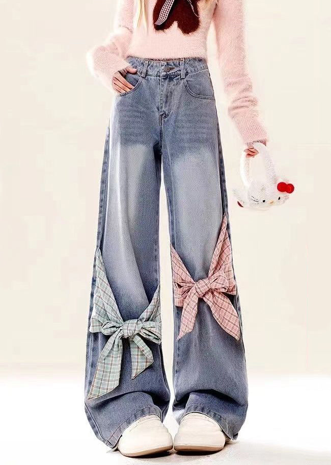 Bow Spring High Pockets Denim Pants Waist Loose Blue