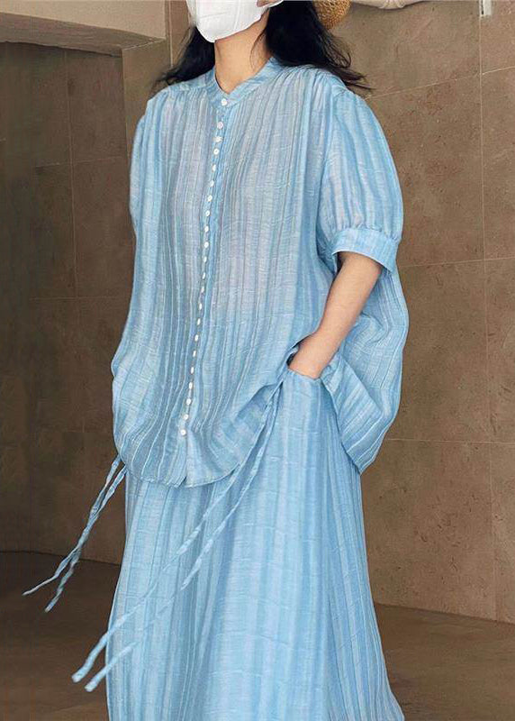 Summer Loose Blue Two Button Skirts Blouses And Set Pieces Solid