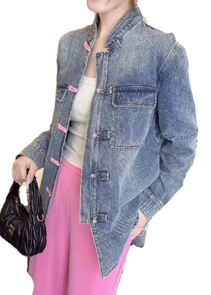 Loose Blue Embroidered Button Denim Coats Long Sleeve Ada Fashion