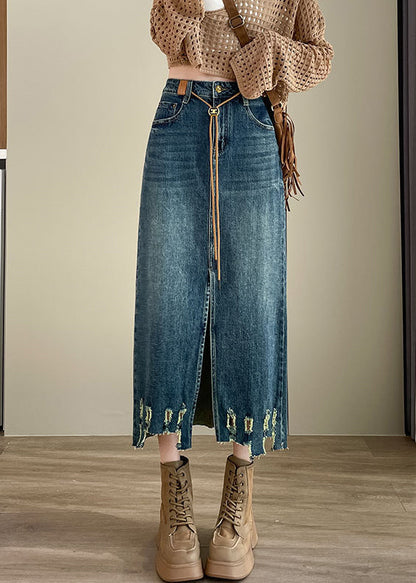 Loose Blue Hole Pockets High Waist Denim Skirt Spring Ada Fashion