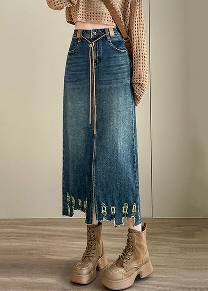 Loose Blue Hole Pockets High Waist Denim Skirt Spring Ada Fashion