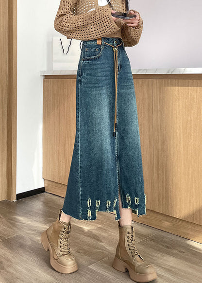 Loose Blue Hole Pockets High Waist Denim Skirt Spring Ada Fashion