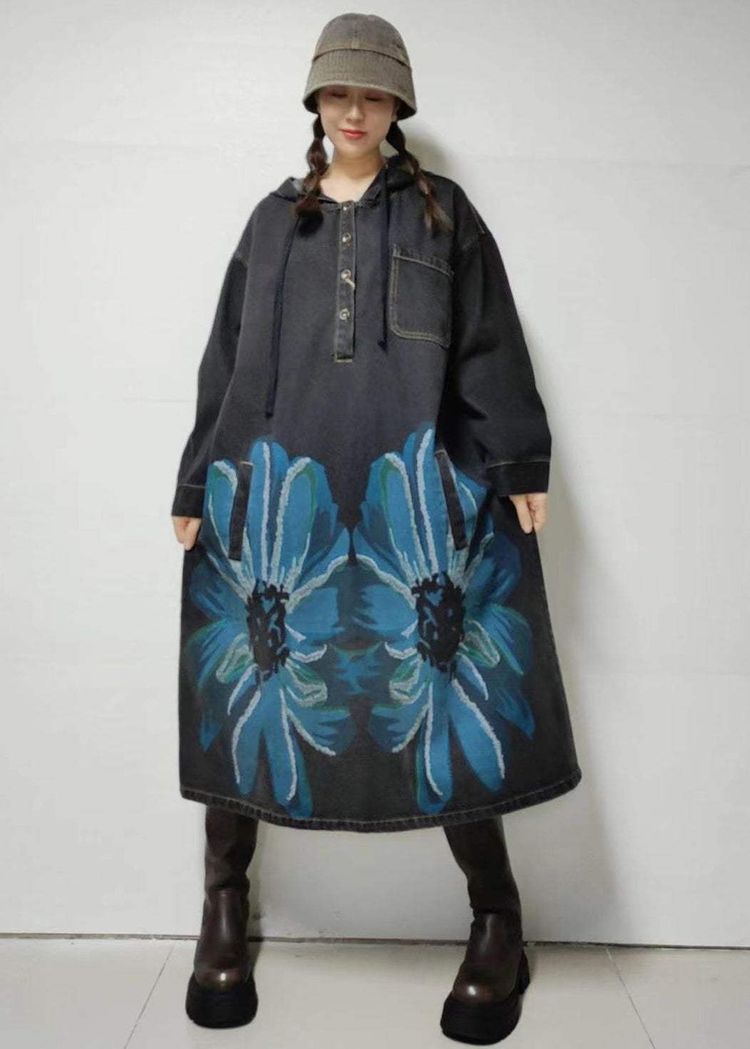 Loose Blue Hooded Print Denim Dress Long Sleeve MN058