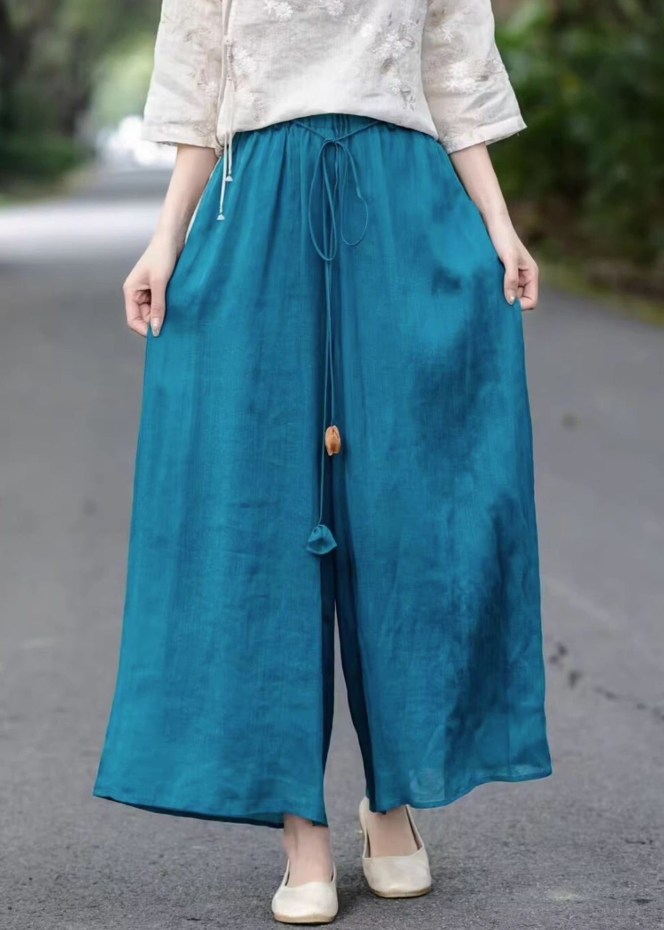 Leg Summer Elastic Up Cotton Lace Loose Blue Pants Wide Waist