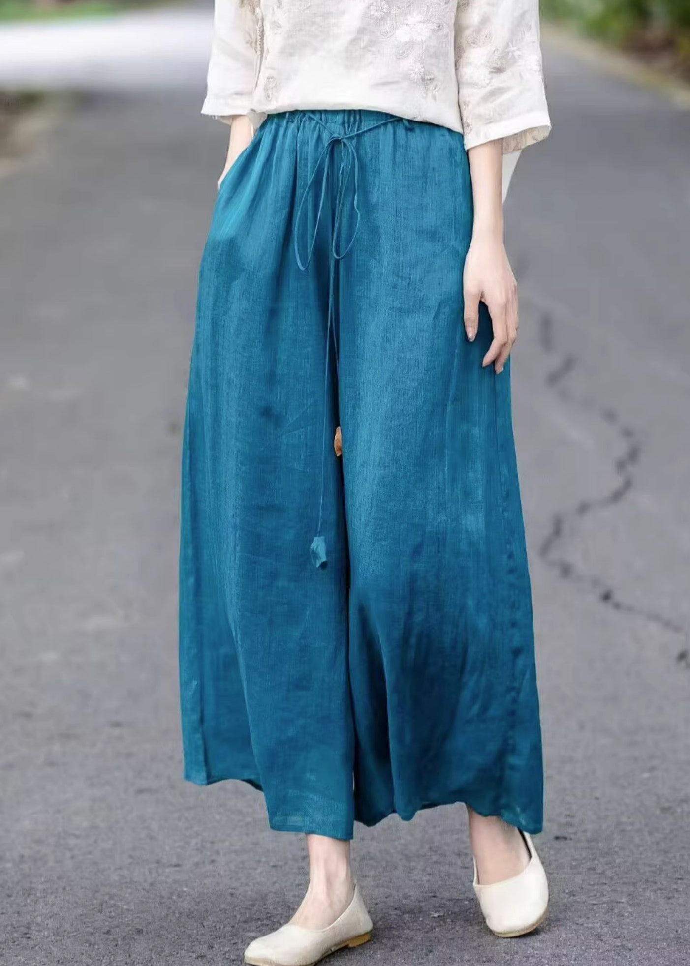 Leg Summer Elastic Up Cotton Lace Loose Blue Pants Wide Waist